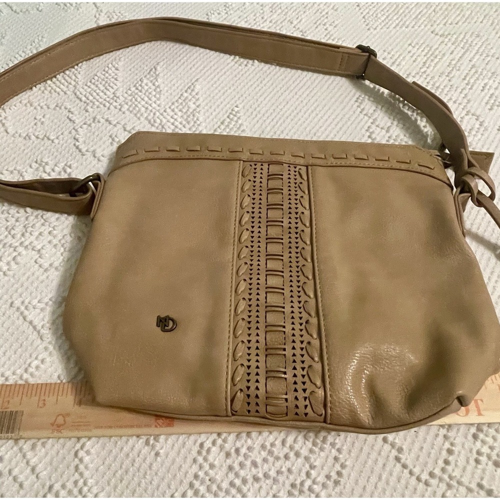 New Direction Shoulder Hand Bag Tote Tan Vegan Leather Leopard Lining